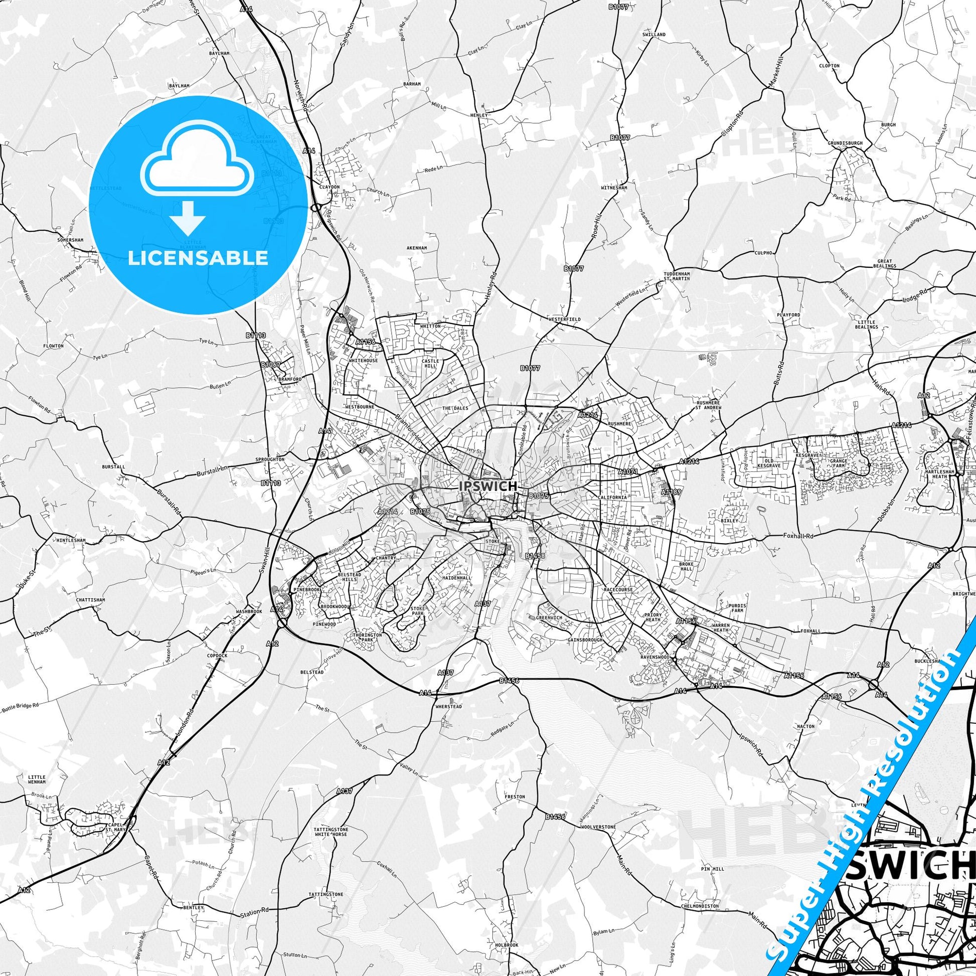 Ipswich, England light map with streetnames, citynames and districts