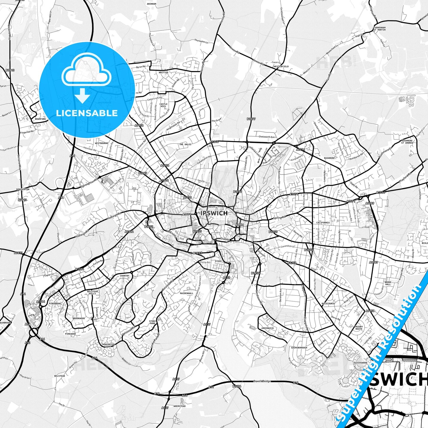 Ipswich, England Light Map with Street Names, City Names, and Districts