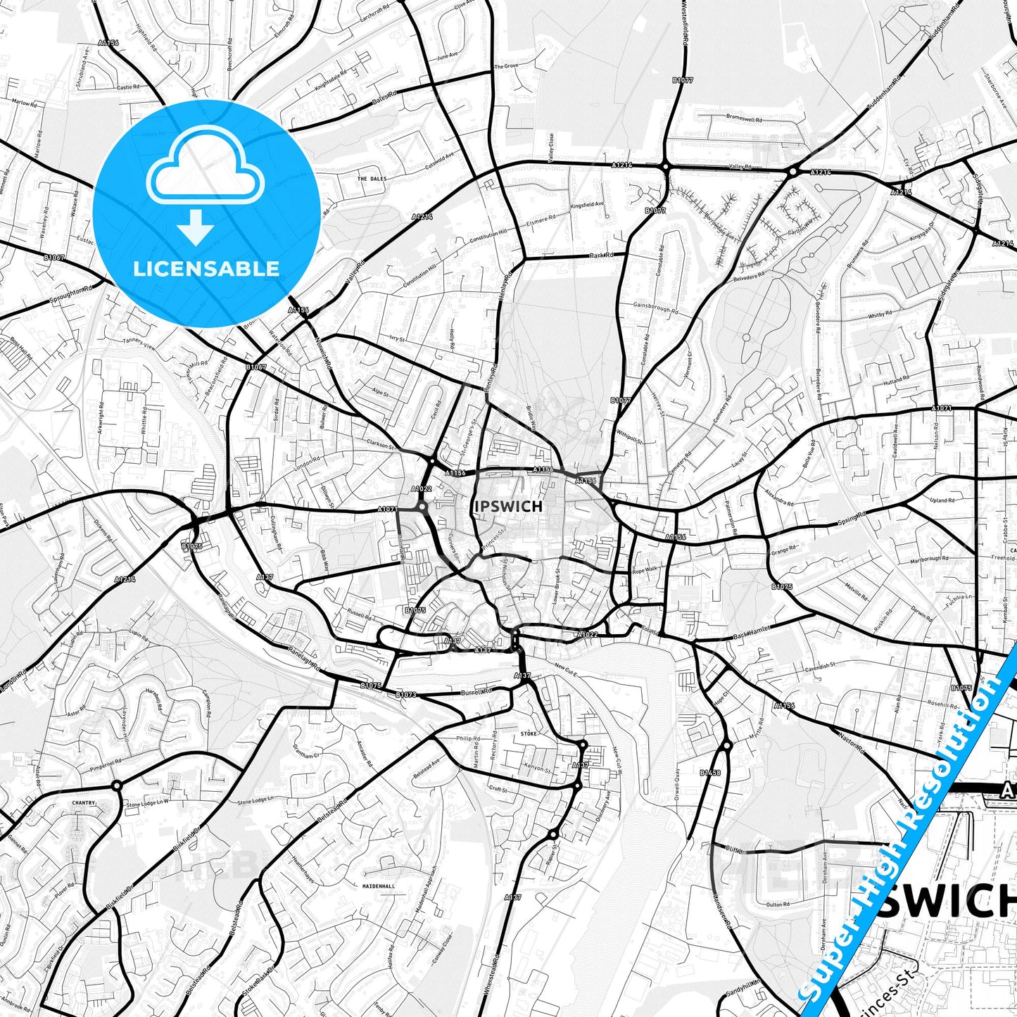 Ipswich, England Light Map with Street Names, City Names, and Districts