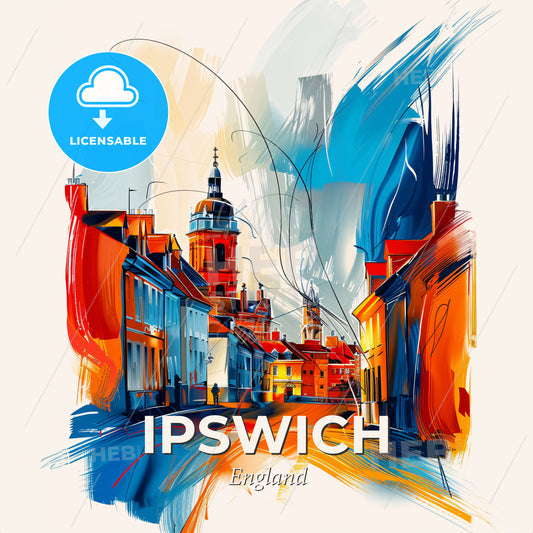 Vibrant Ipswich, England - A Painting Of A Street With Buildings And A Tower - Square format print template