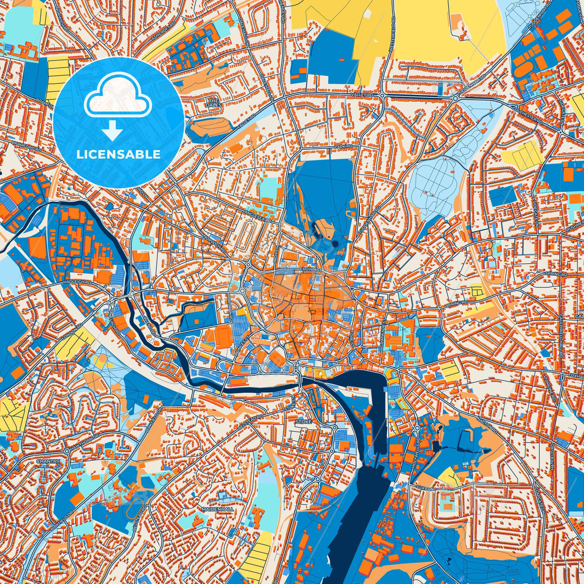 Colorful Ipswich Street Map with Labels and Buildings