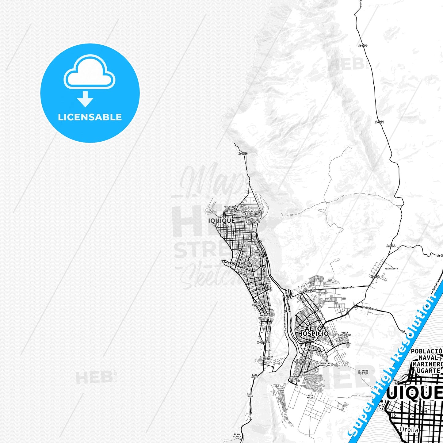 Iquique, Chile light map with streetnames, citynames and districts