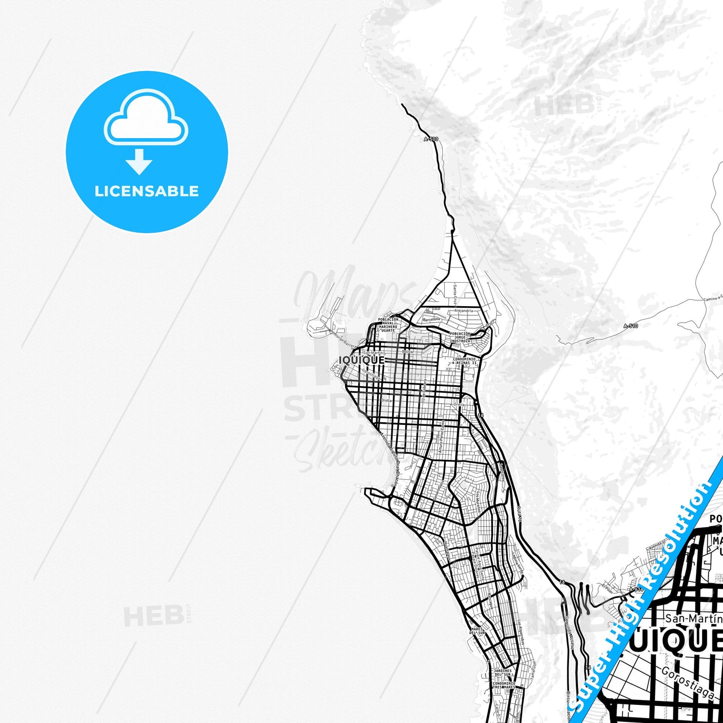 Iquique, Chile Light Map with Street Names, City Names, and Districts