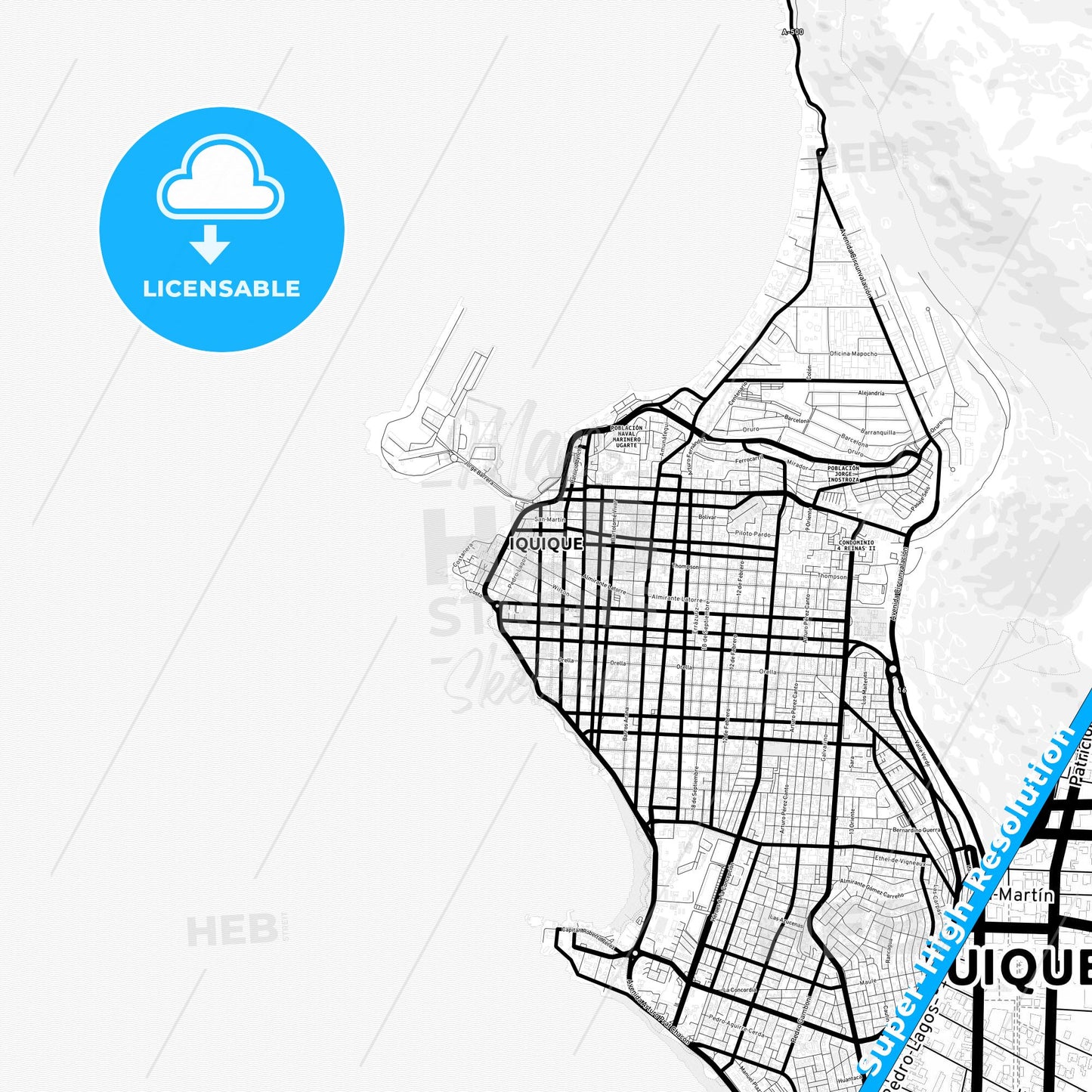 Iquique, Chile Light Map with Street Names, City Names, and Districts