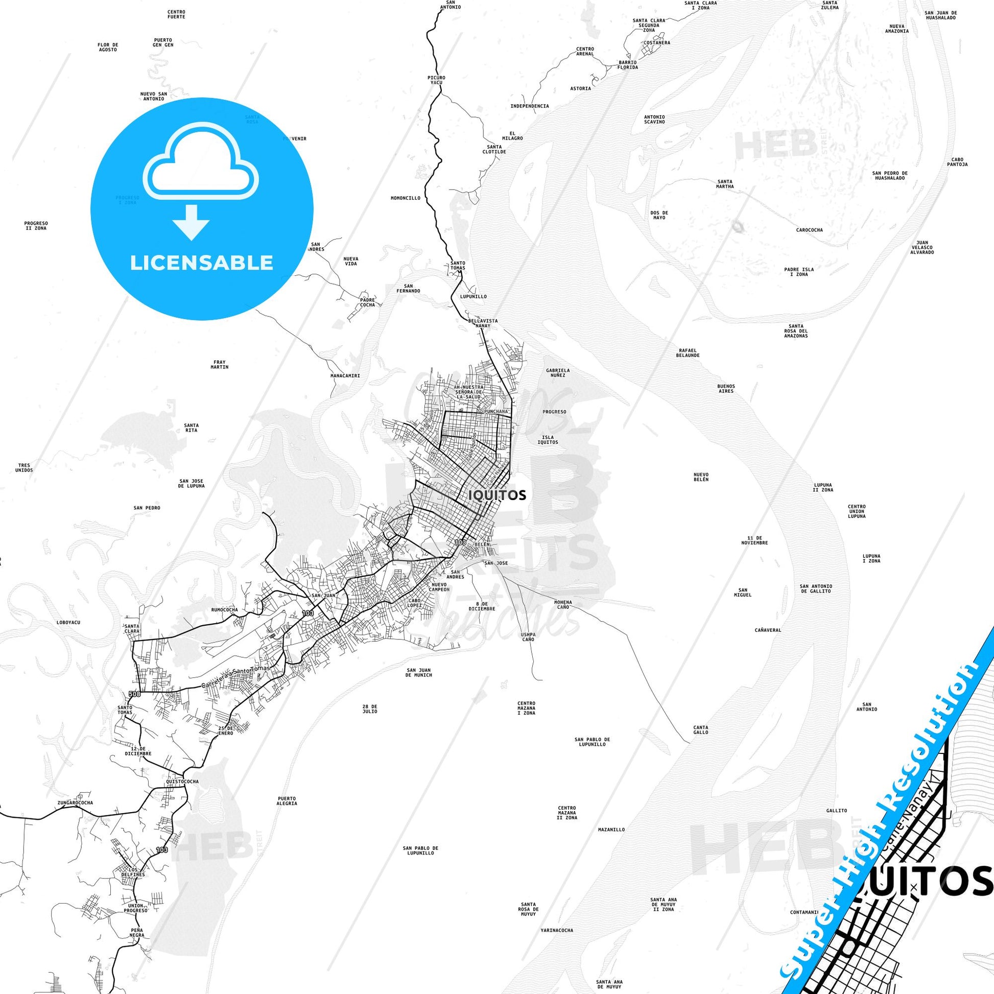 Iquitos, Peru light map with streetnames, citynames and districts