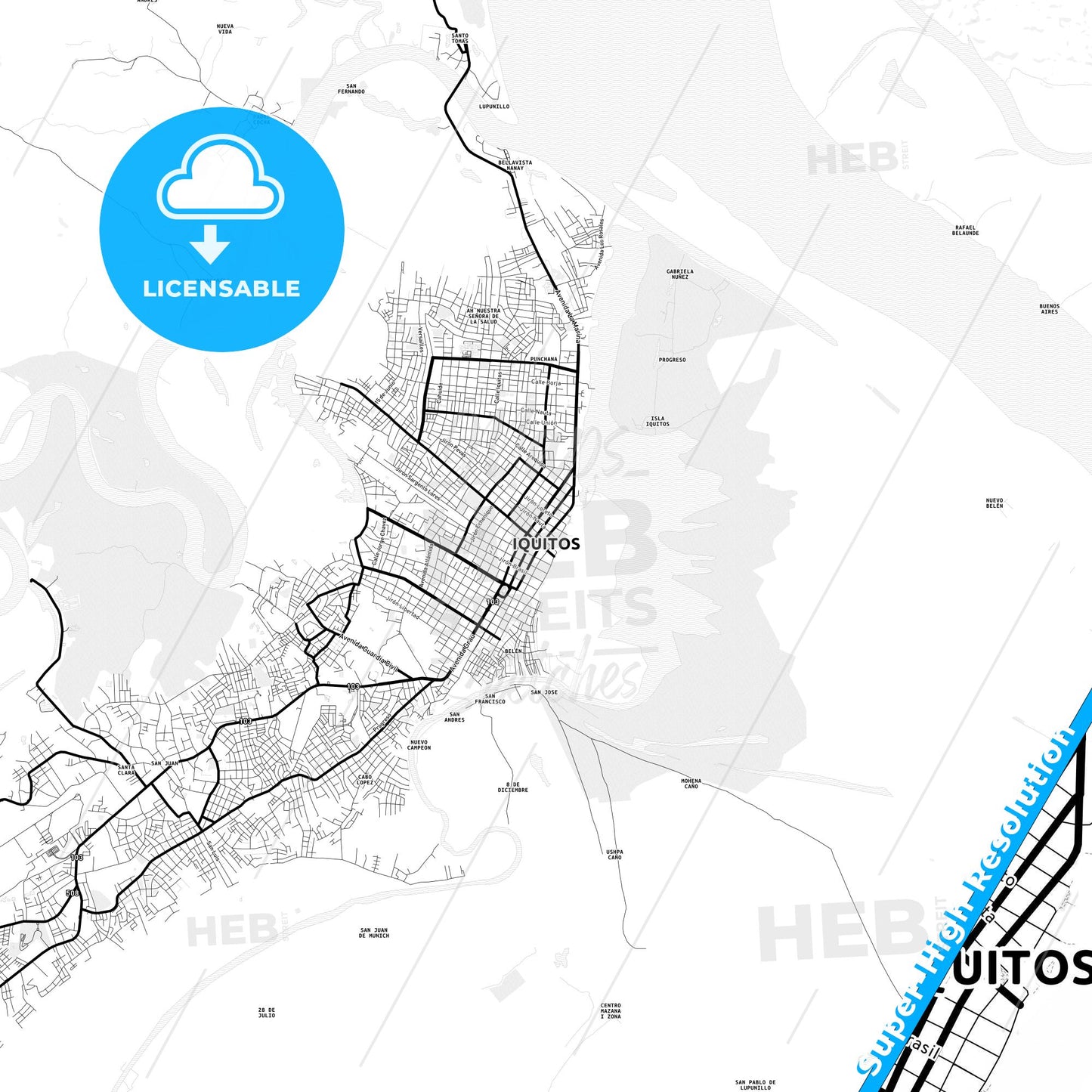 Iquitos, Peru Light Map with Street Names, City Names, and Districts