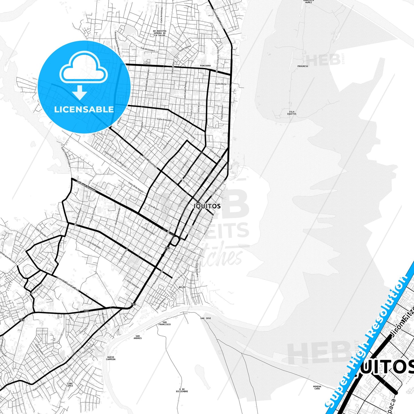 Iquitos, Peru Light Map with Street Names, City Names, and Districts