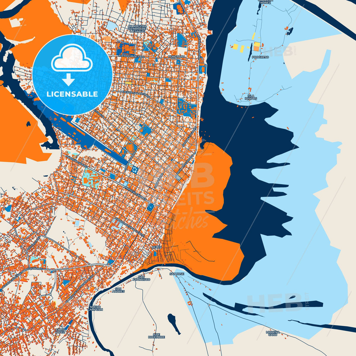 Colorful Iquitos Street Map with Labels and Buildings