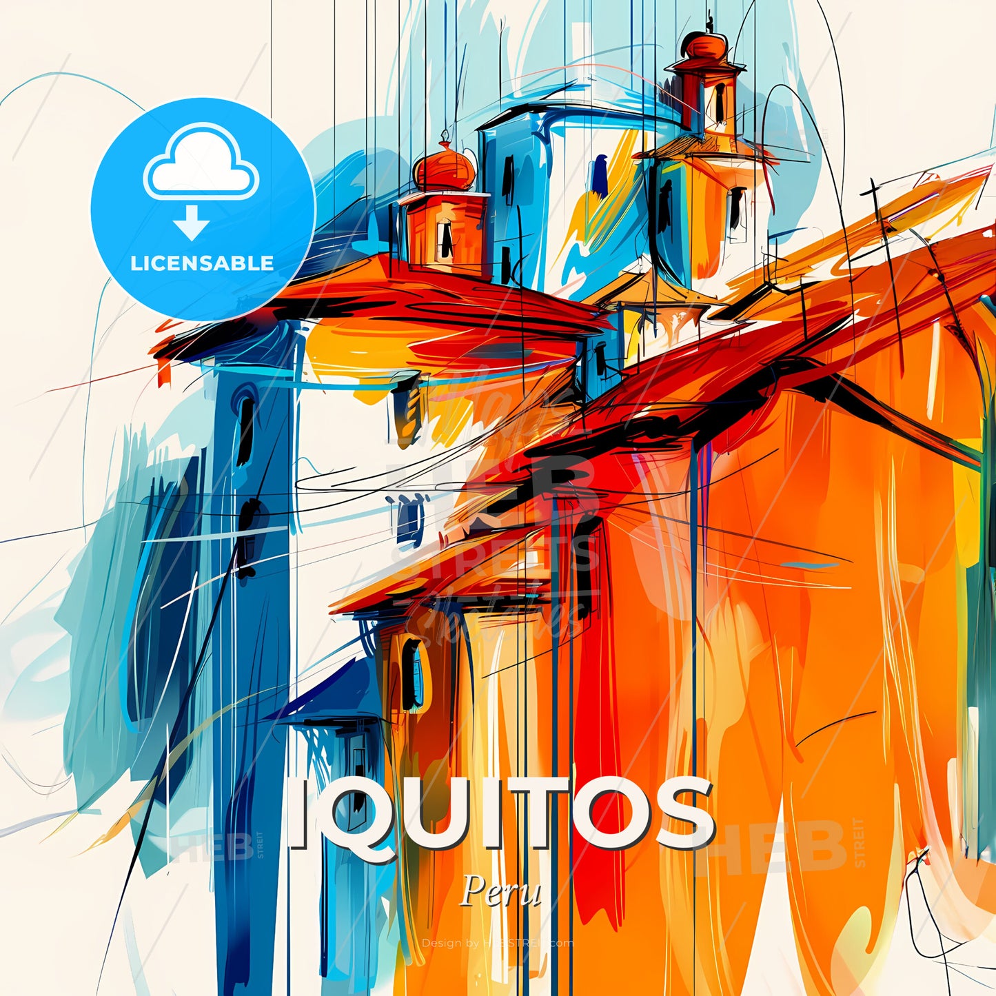 Vibrant Iquitos, Peru - A Painting Of Buildings With Orange And Blue Roofs - Square format print template