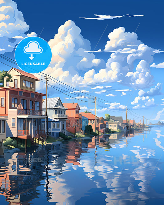 Vibrant Peruvian Artwork Depicting Colorful Row Houses on Water, Iquitos Skyline