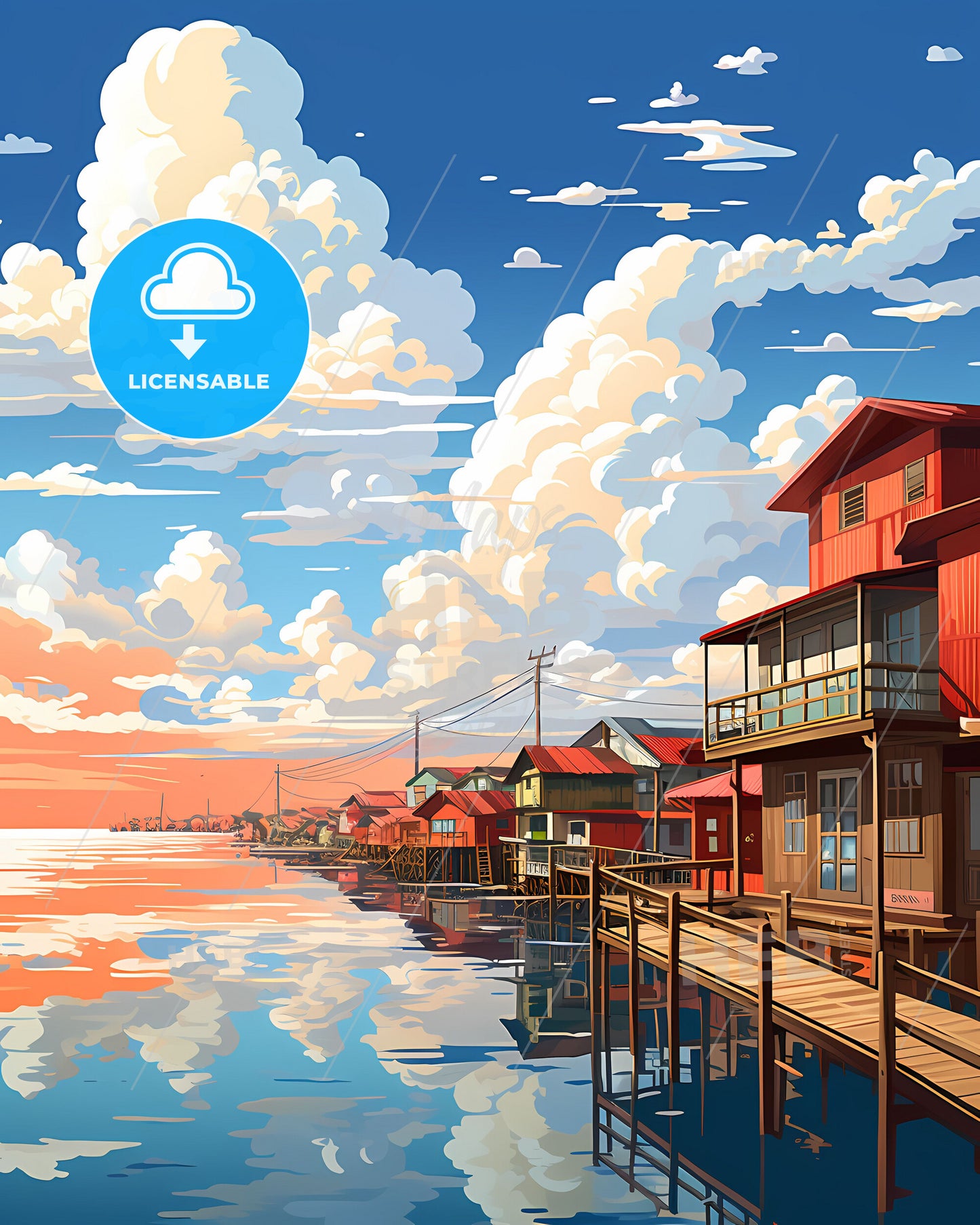 Iquitos Peru Skyline - Vibrant Art Painting of Houses on Water