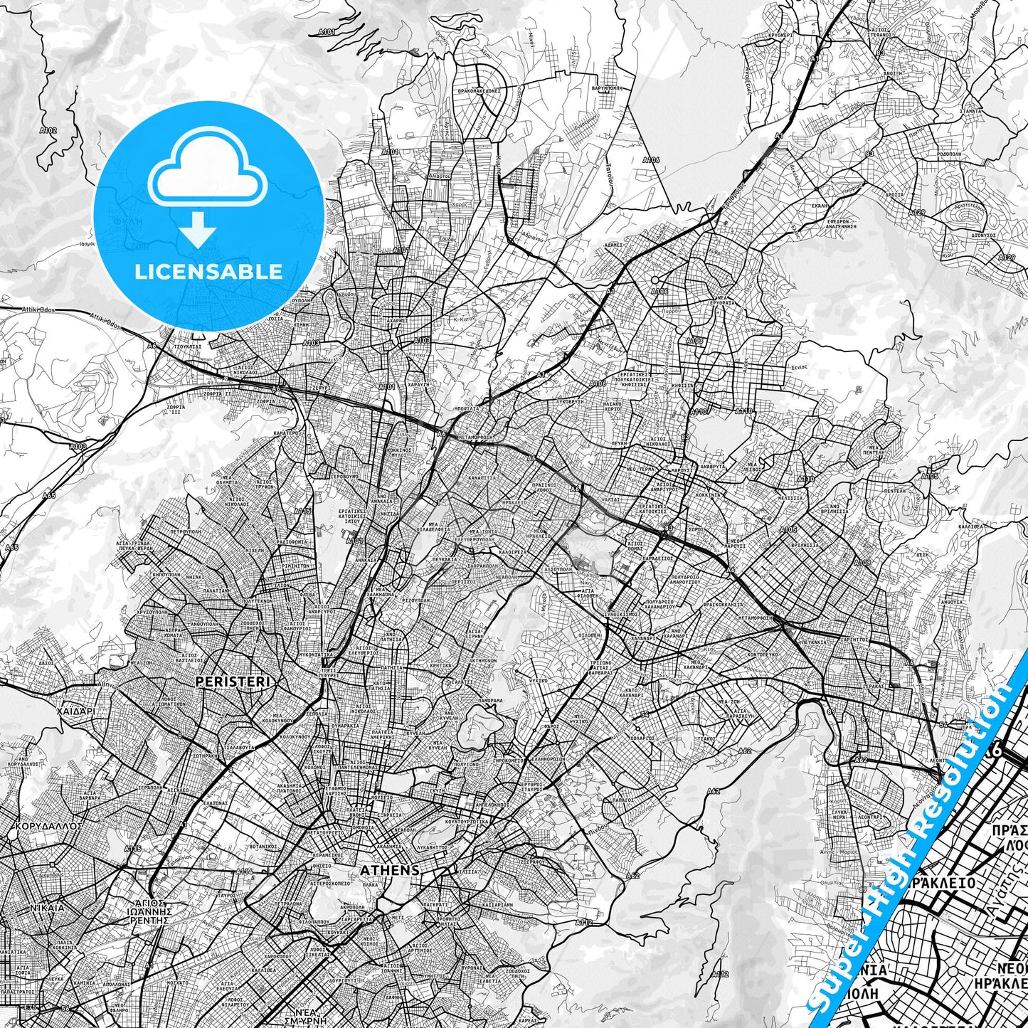 Irakleio, Greece light map with streetnames, citynames and districts