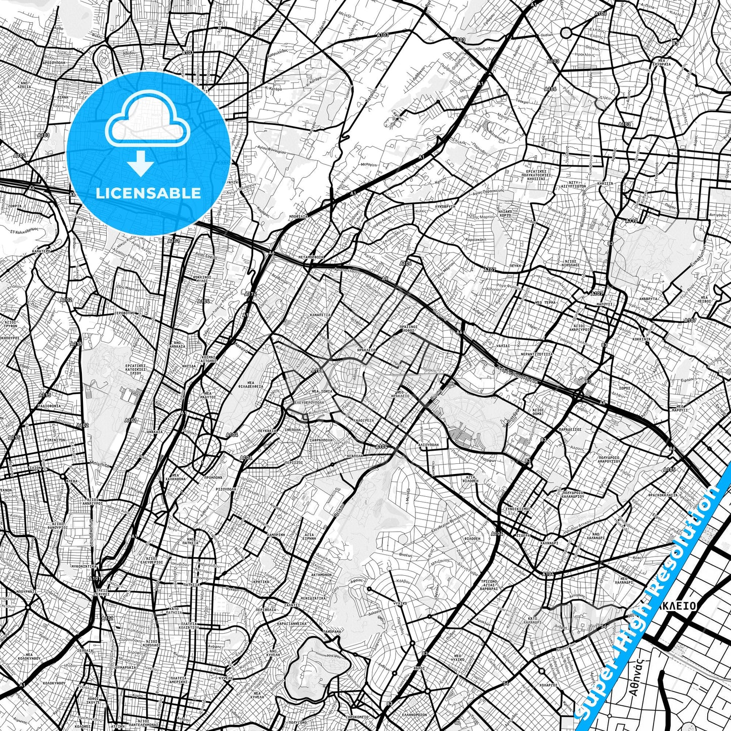 Irakleio, Greece Light Map with Street Names, City Names, and Districts