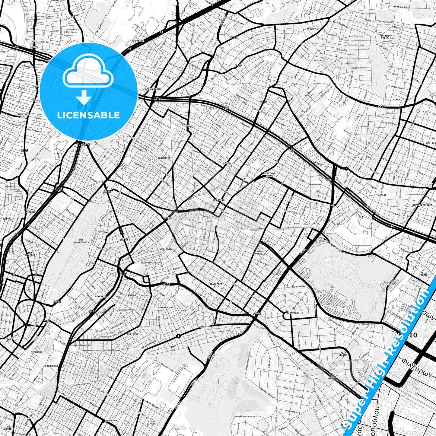 Irakleio, Greece Light Map with Street Names, City Names, and Districts