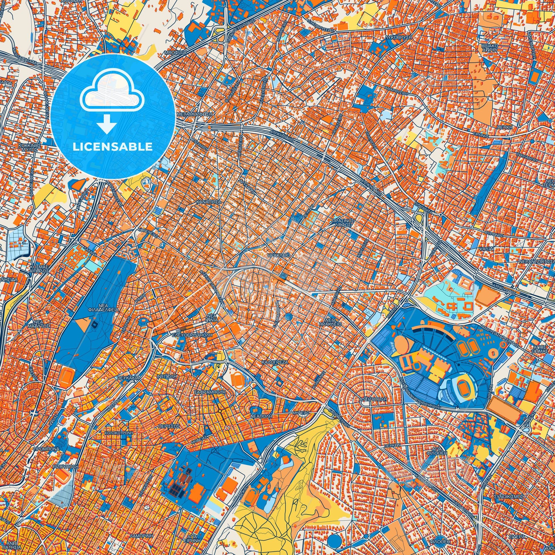 Colorful Irakleio Street Map with Labels and Buildings