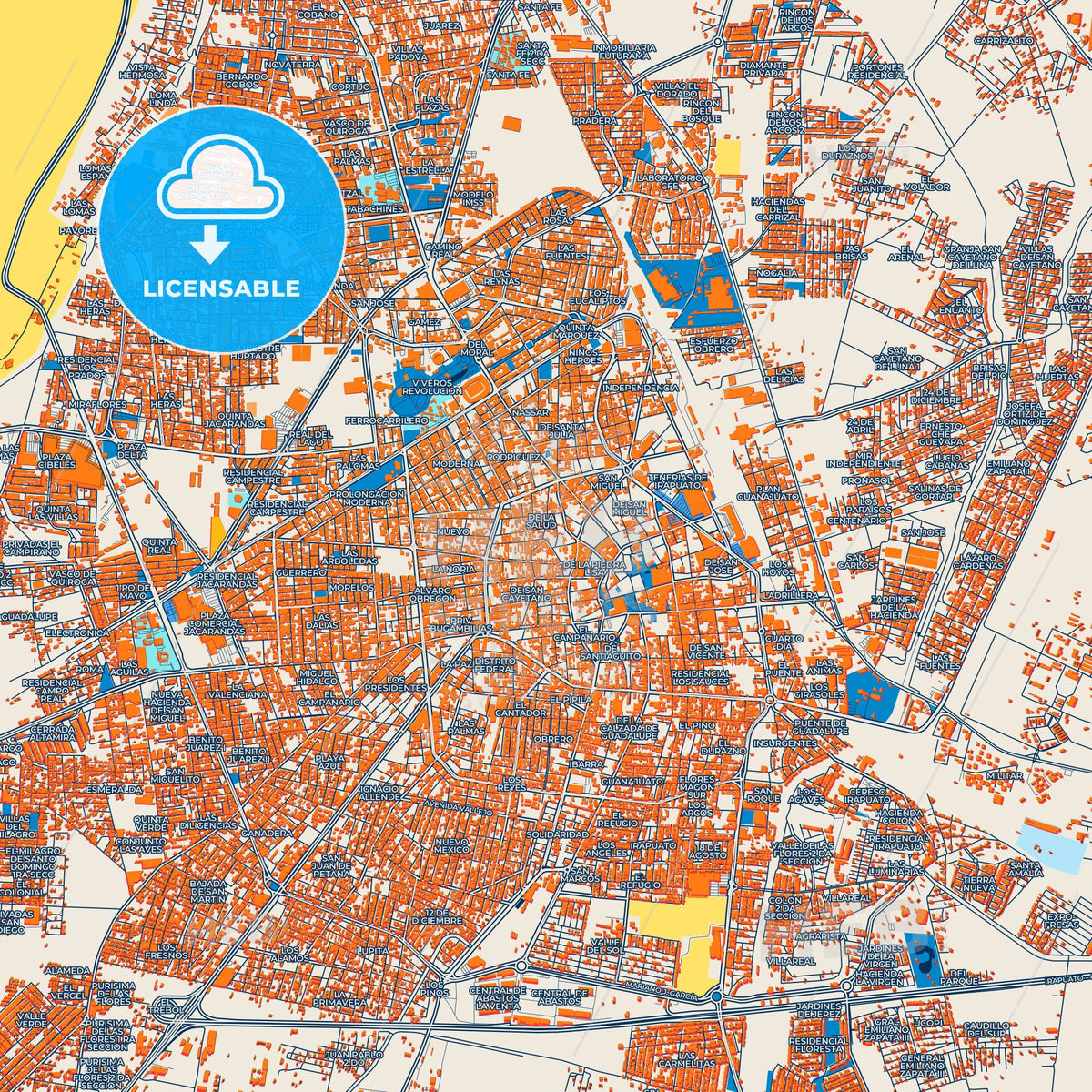 Colorful Irapuato Street Map with Labels and Buildings
