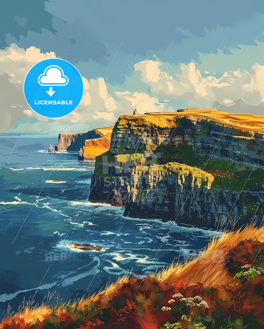 Vibrant Artistic Painting of an Irish Cliff and Water with Clouds, Europe Landscape Art