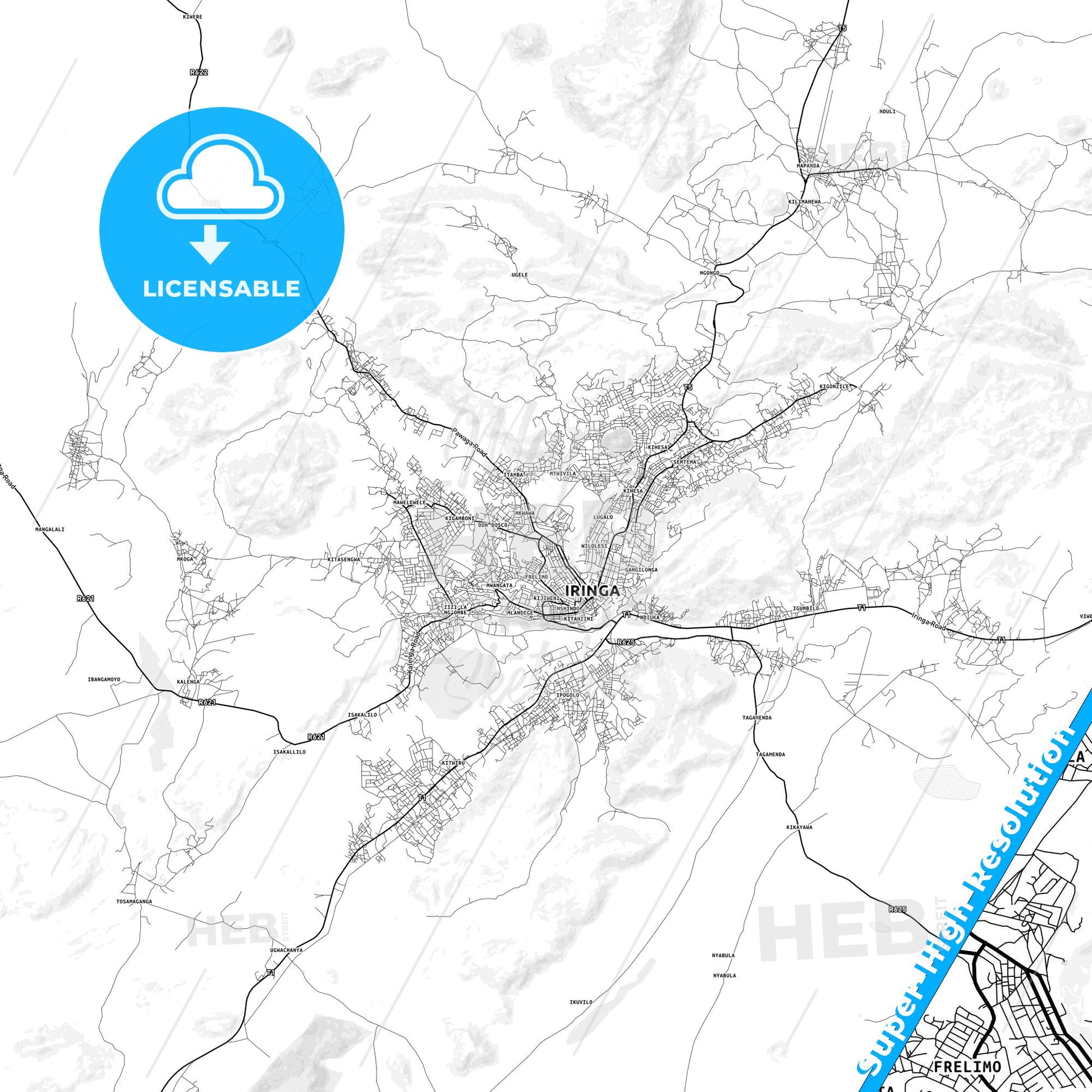 Iringa, Tanzania light map with streetnames, citynames and districts