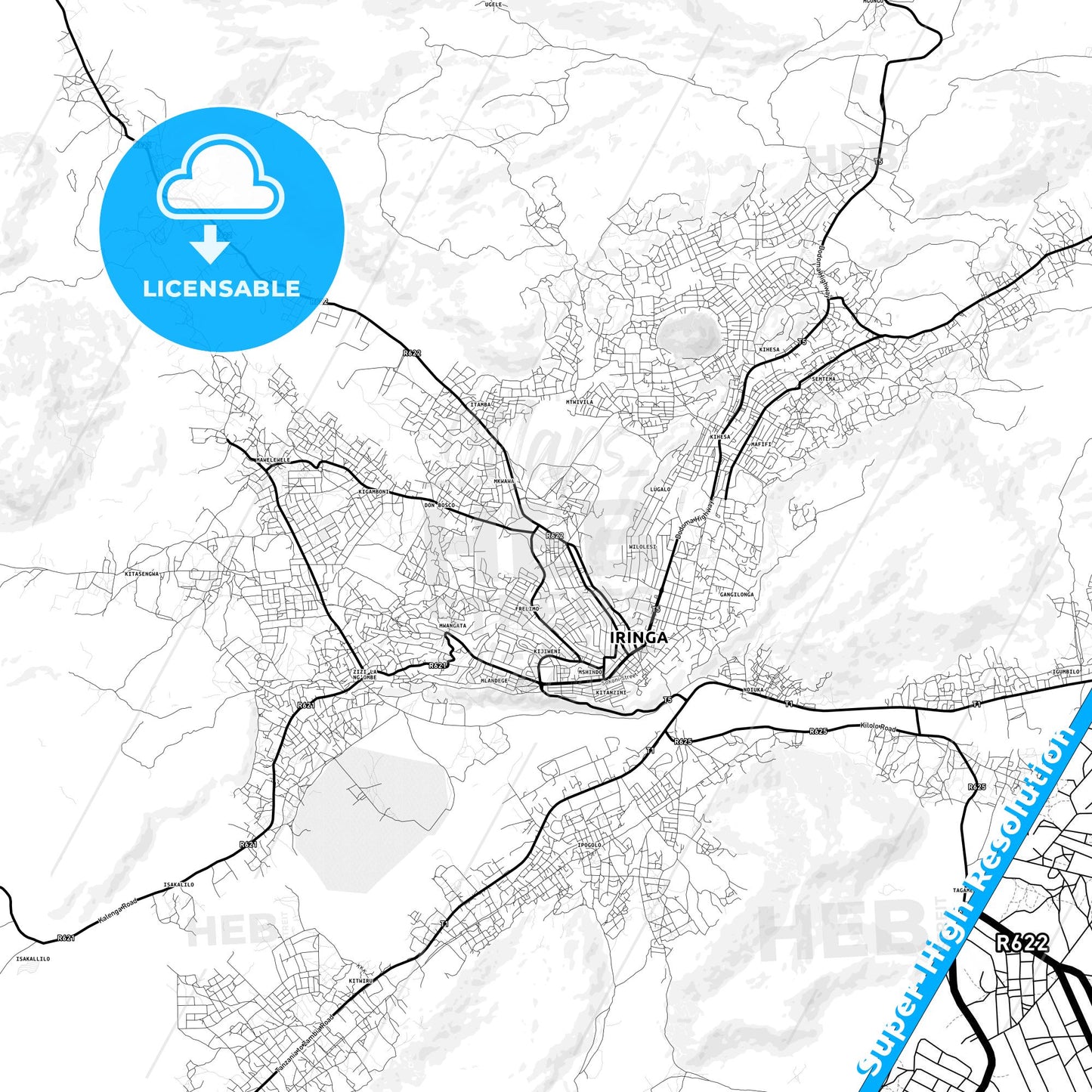 Iringa, Tanzania Light Map with Street Names, City Names, and Districts