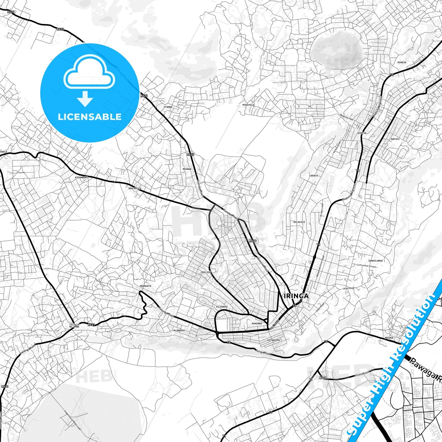 Iringa, Tanzania Light Map with Street Names, City Names, and Districts