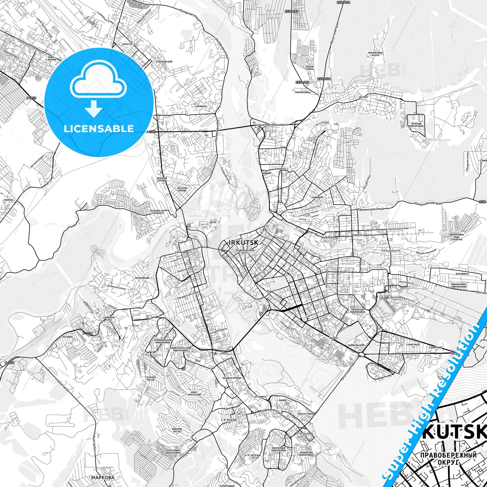 Irkutsk, Russia light map with streetnames, citynames and districts