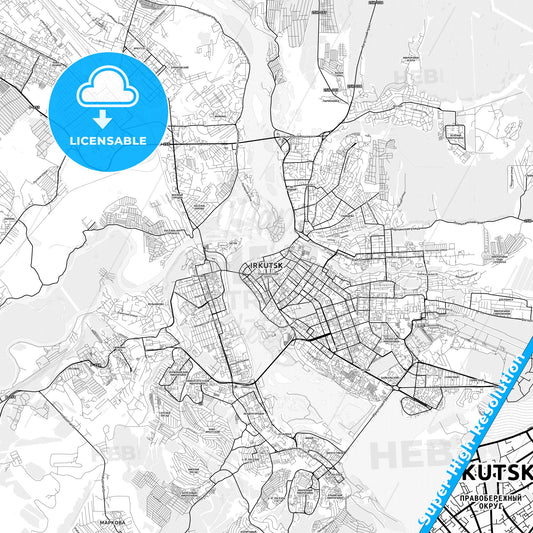 Irkutsk, Russia light map with streetnames, citynames and districts