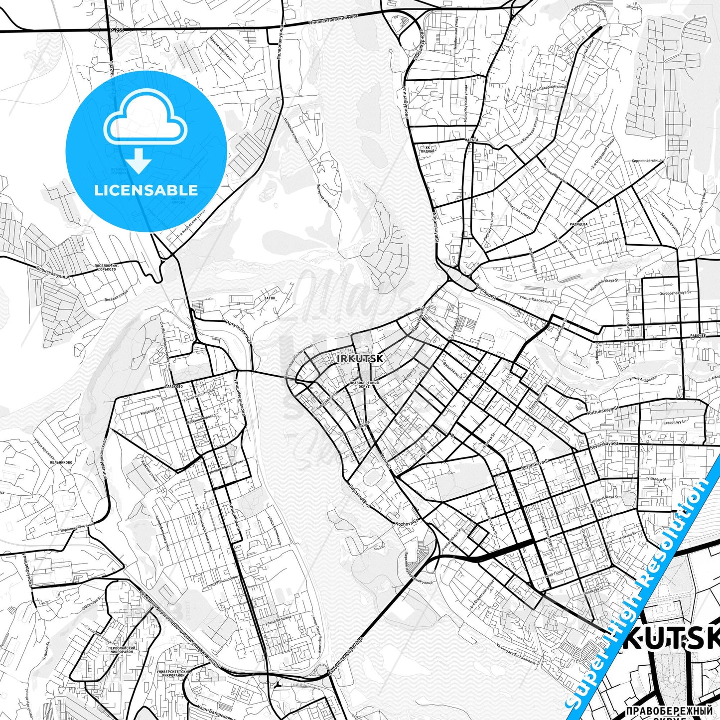 Irkutsk, Russia Light Map with Street Names, City Names, and Districts
