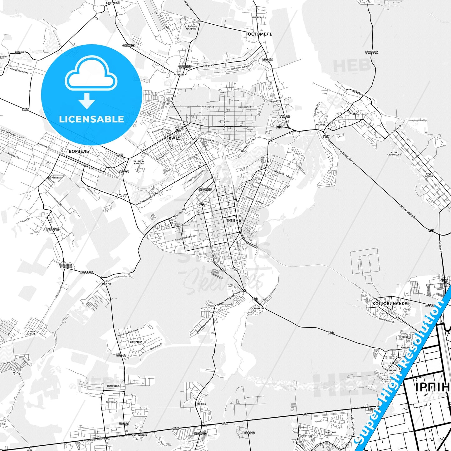 Irpin, Ukraine light map with streetnames, citynames and districts