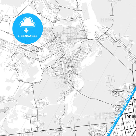Irpin, Ukraine light map with streetnames, citynames and districts