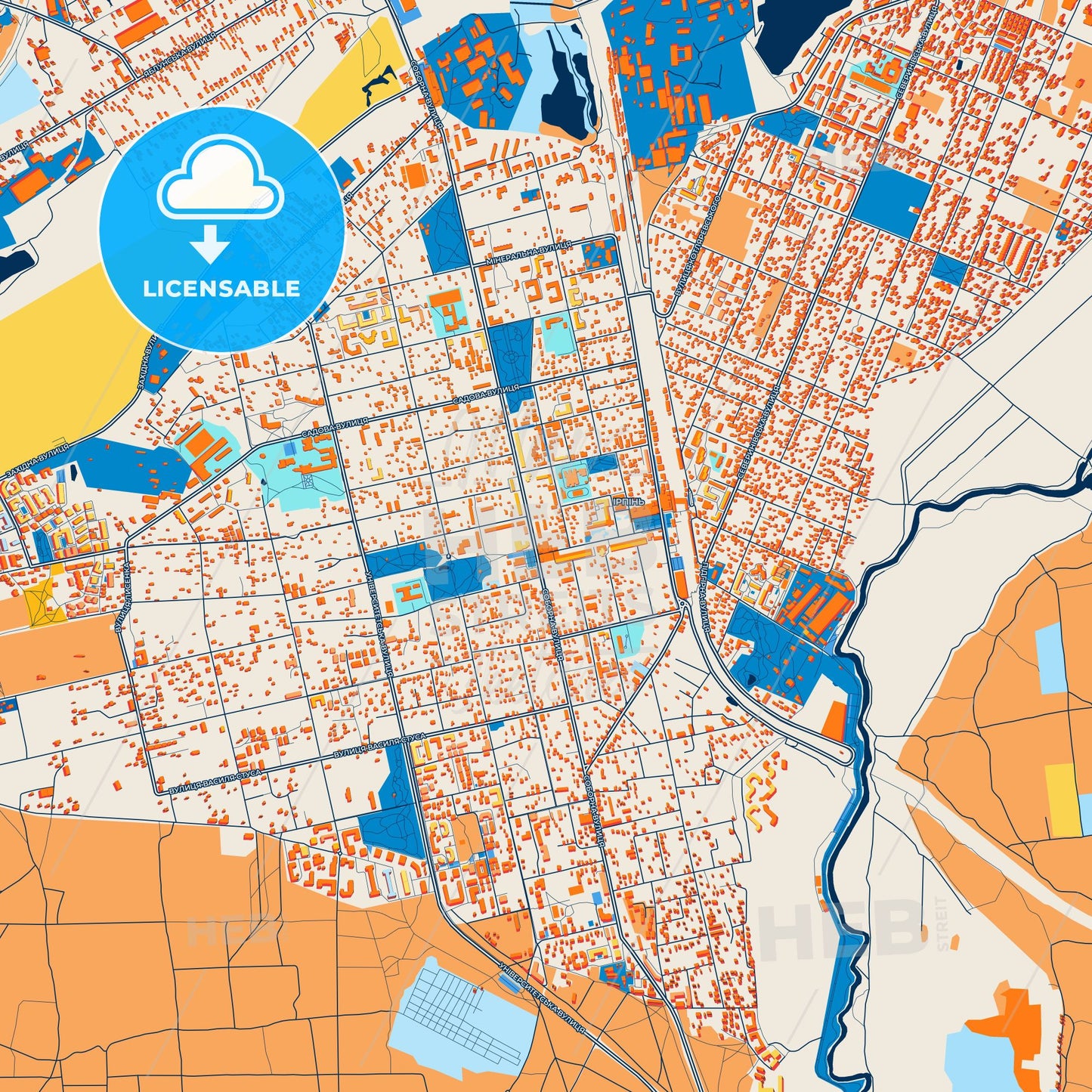 Colorful Irpin Street Map with Labels and Buildings