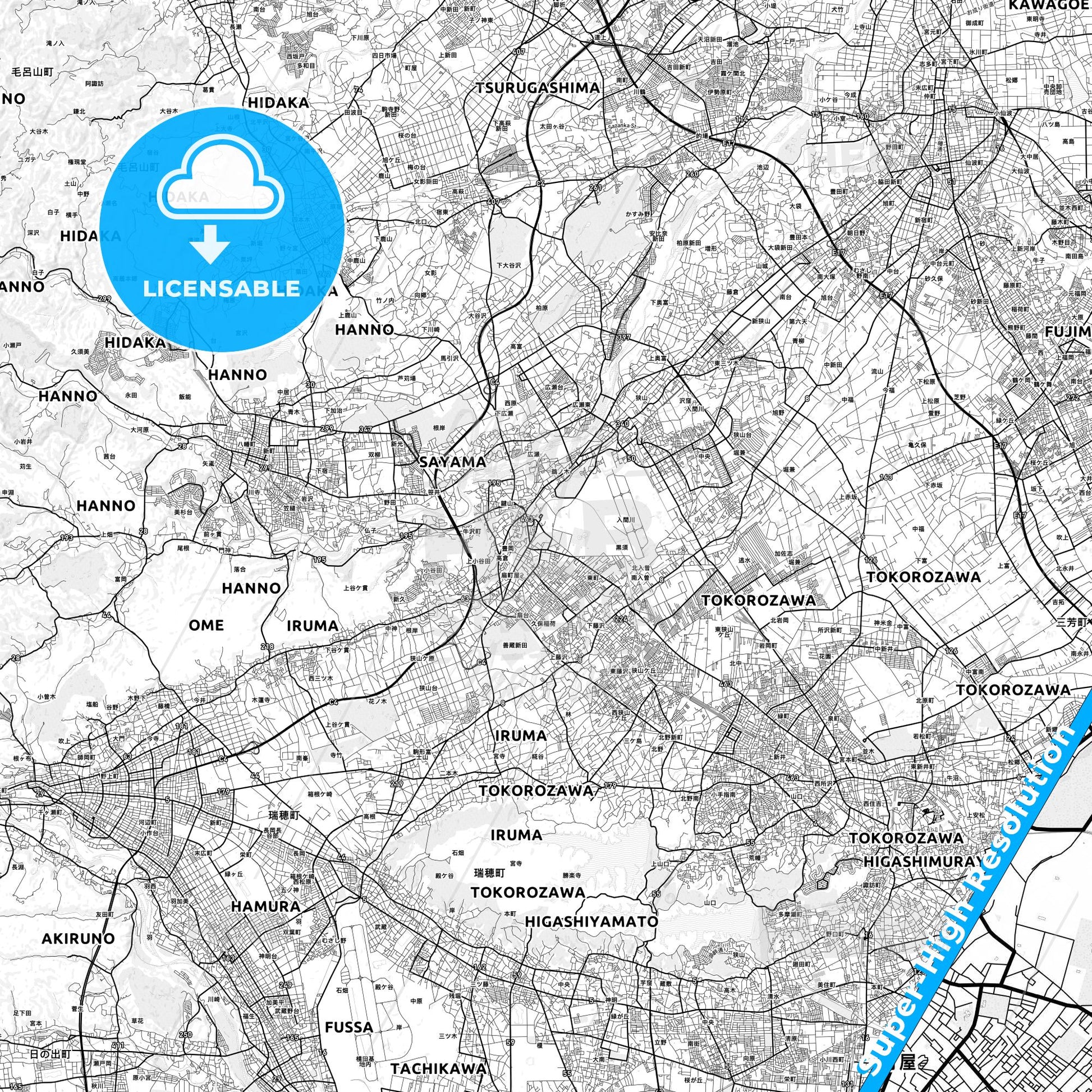 Iruma, Japan light map with streetnames, citynames and districts