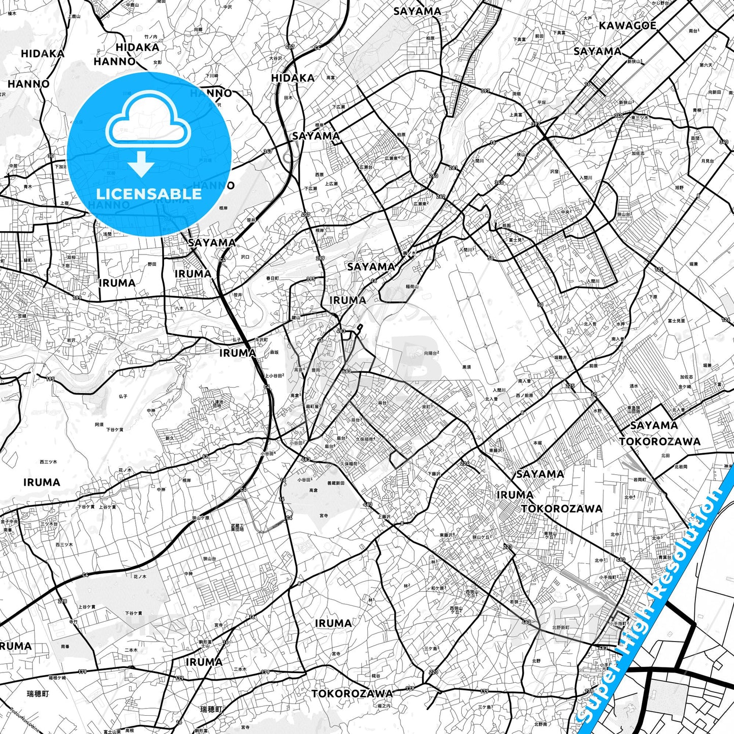 Iruma, Japan Light Map with Street Names, City Names, and Districts