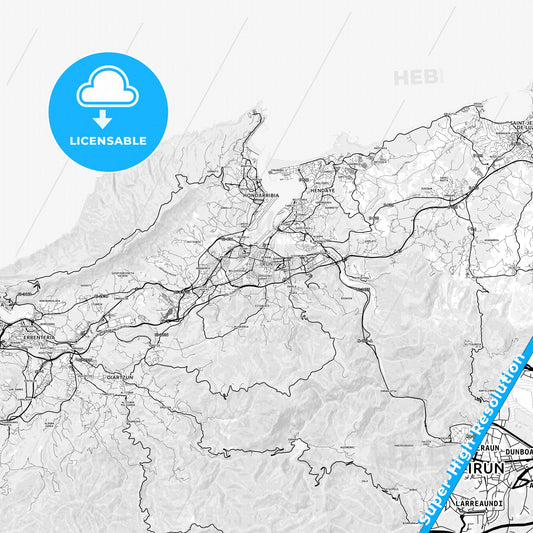 Irun, Spain light map with streetnames, citynames and districts