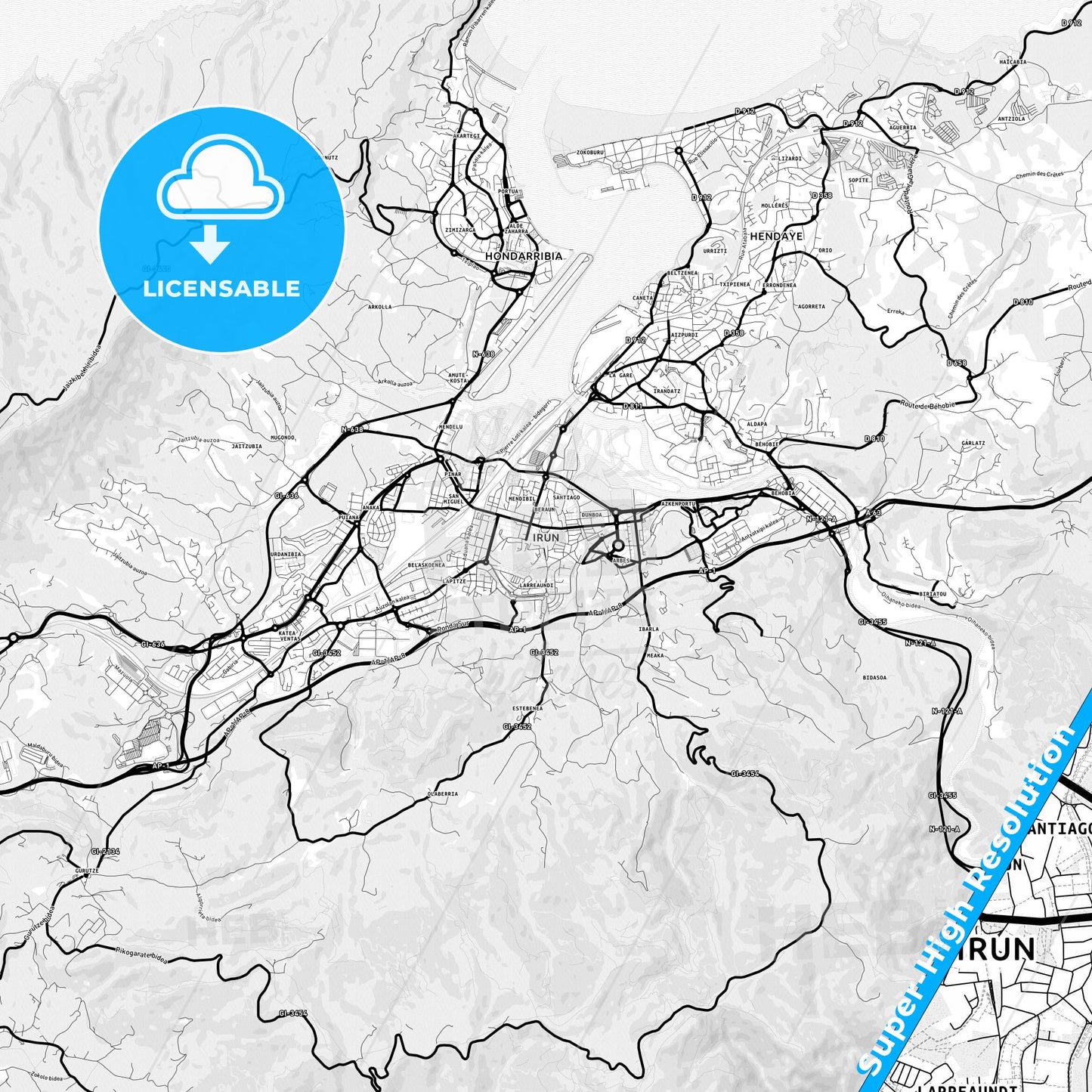 Irun, Spain Light Map with Street Names, City Names, and Districts