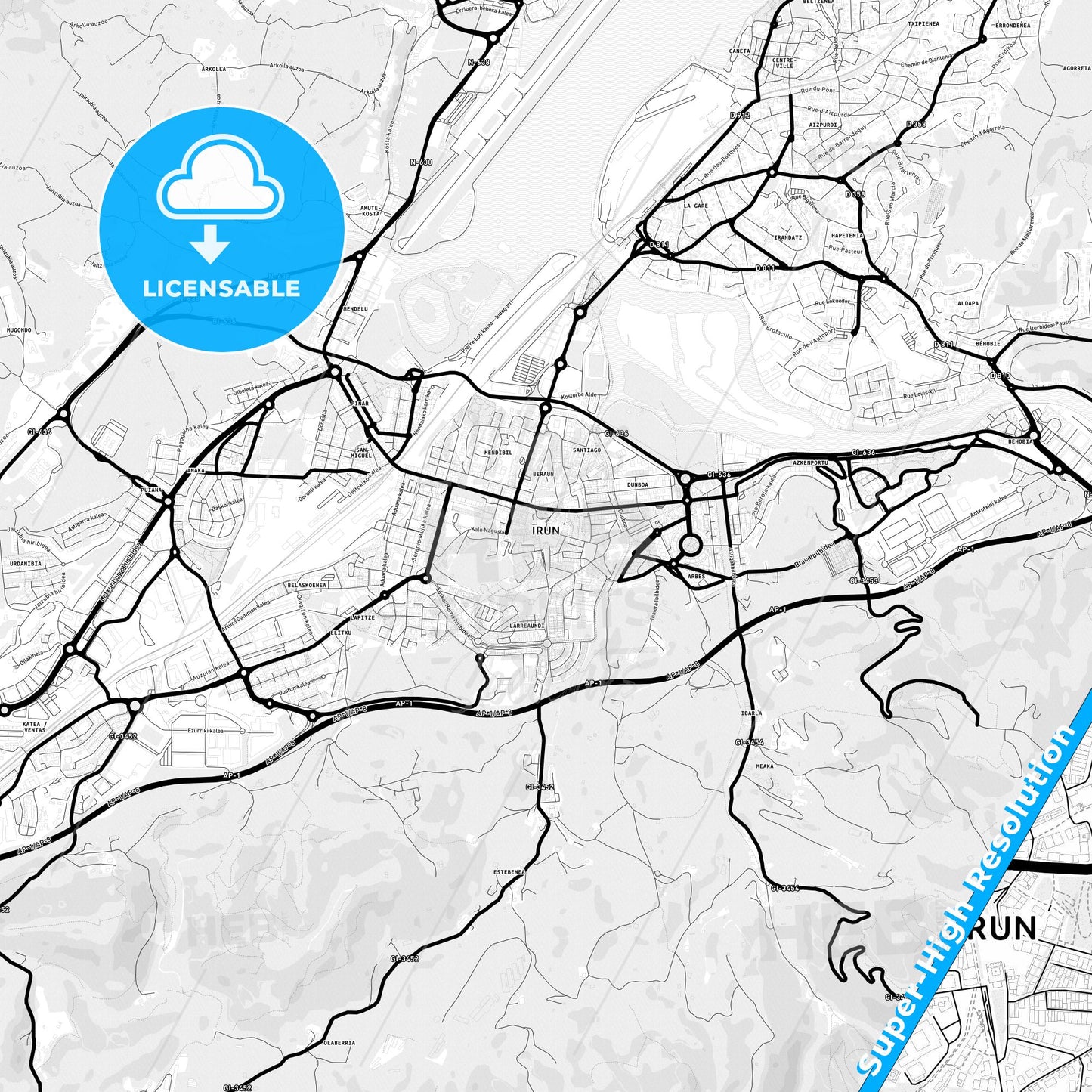 Irun, Spain Light Map with Street Names, City Names, and Districts