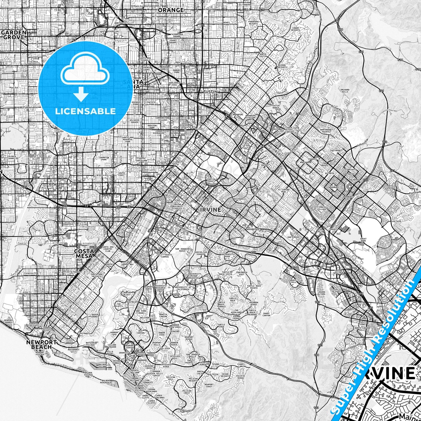 Irvine, California light map with streetnames, citynames and districts