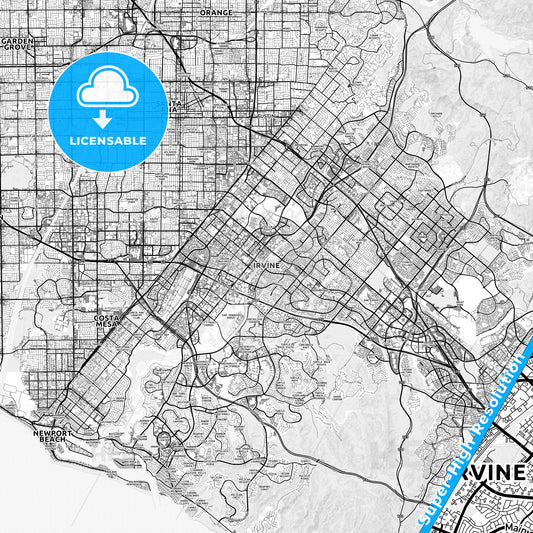 Irvine, California light map with streetnames, citynames and districts