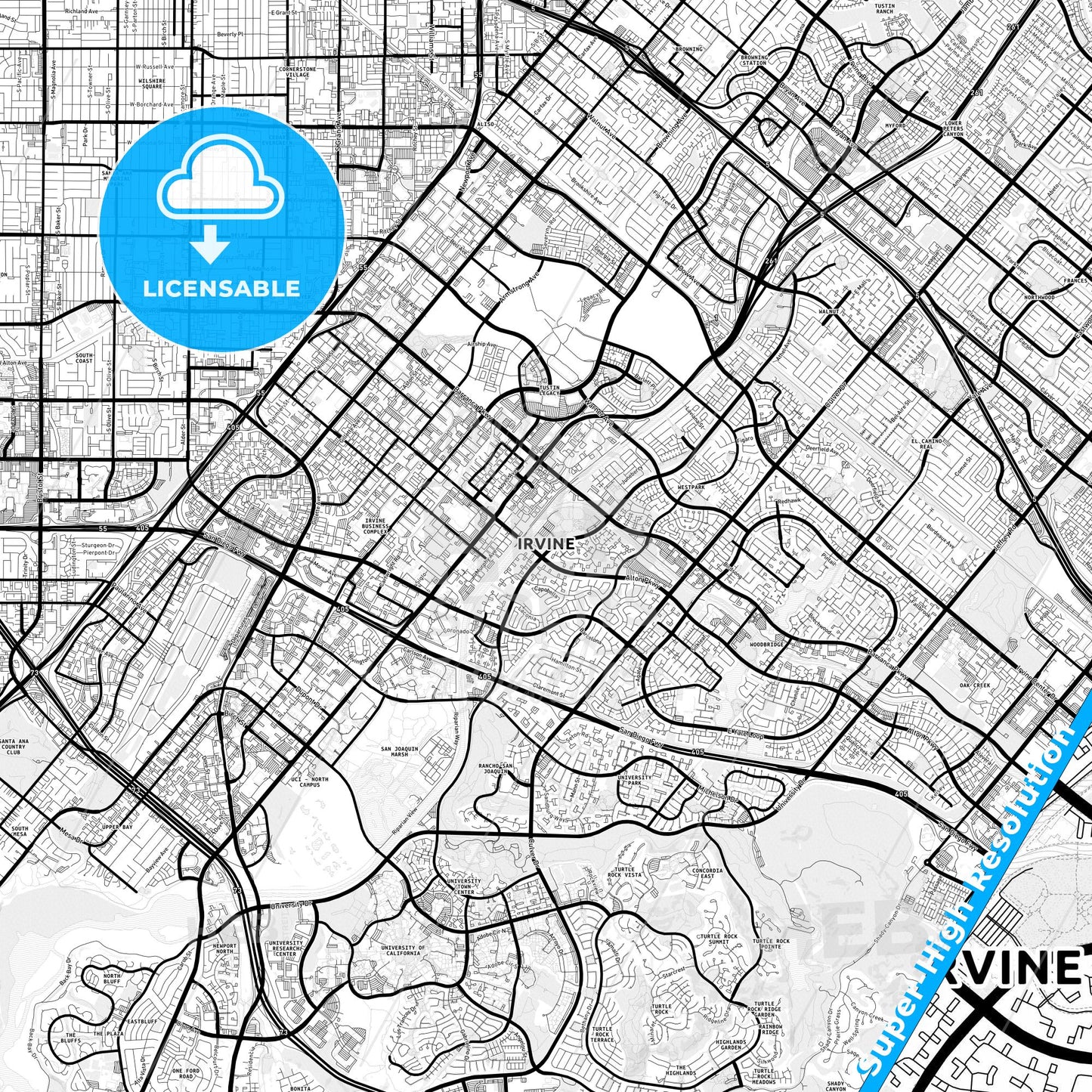 Irvine, California Light Map with Street Names, City Names, and Districts