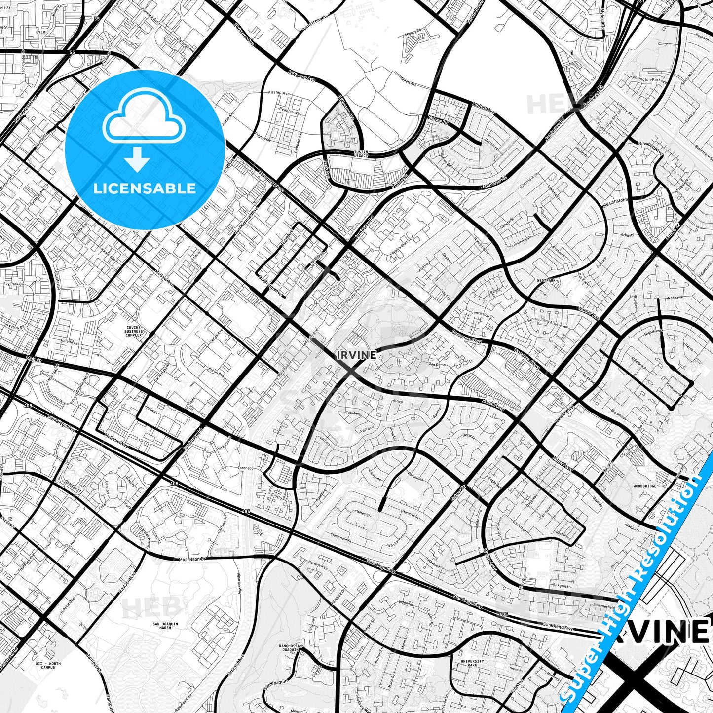 Irvine, California Light Map with Street Names, City Names, and Districts