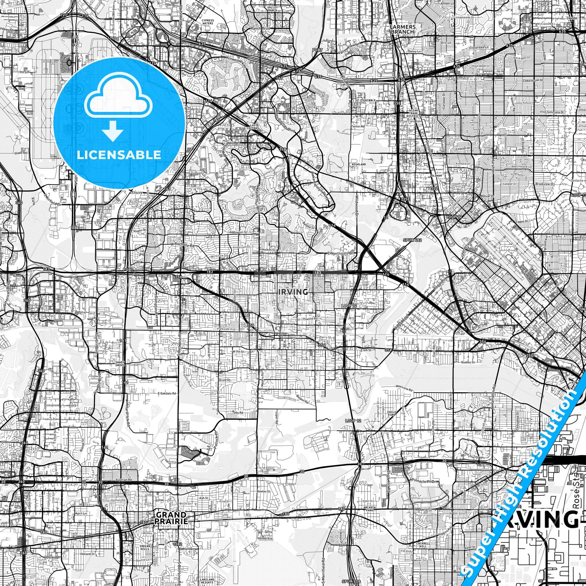 Irving, Texas light map with streetnames, citynames and districts