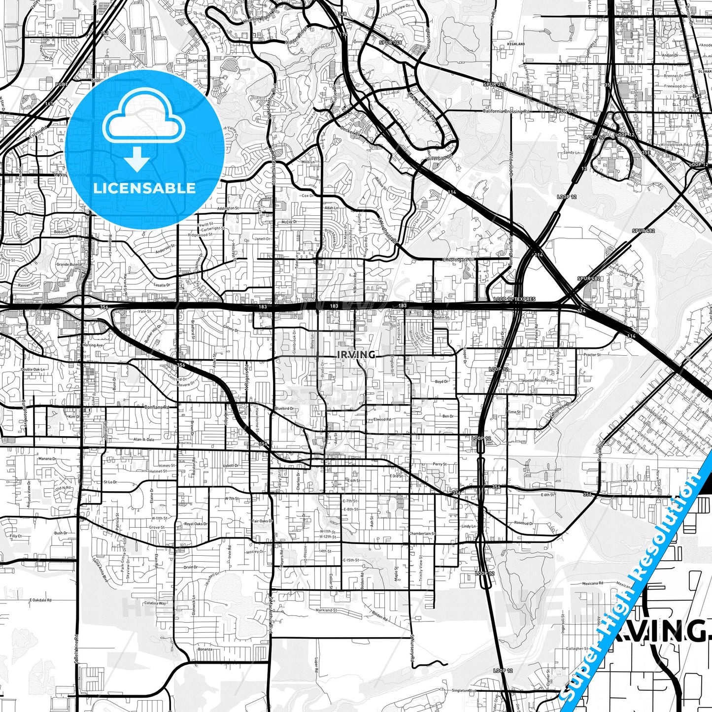 Irving, Texas Light Map with Street Names, City Names, and Districts
