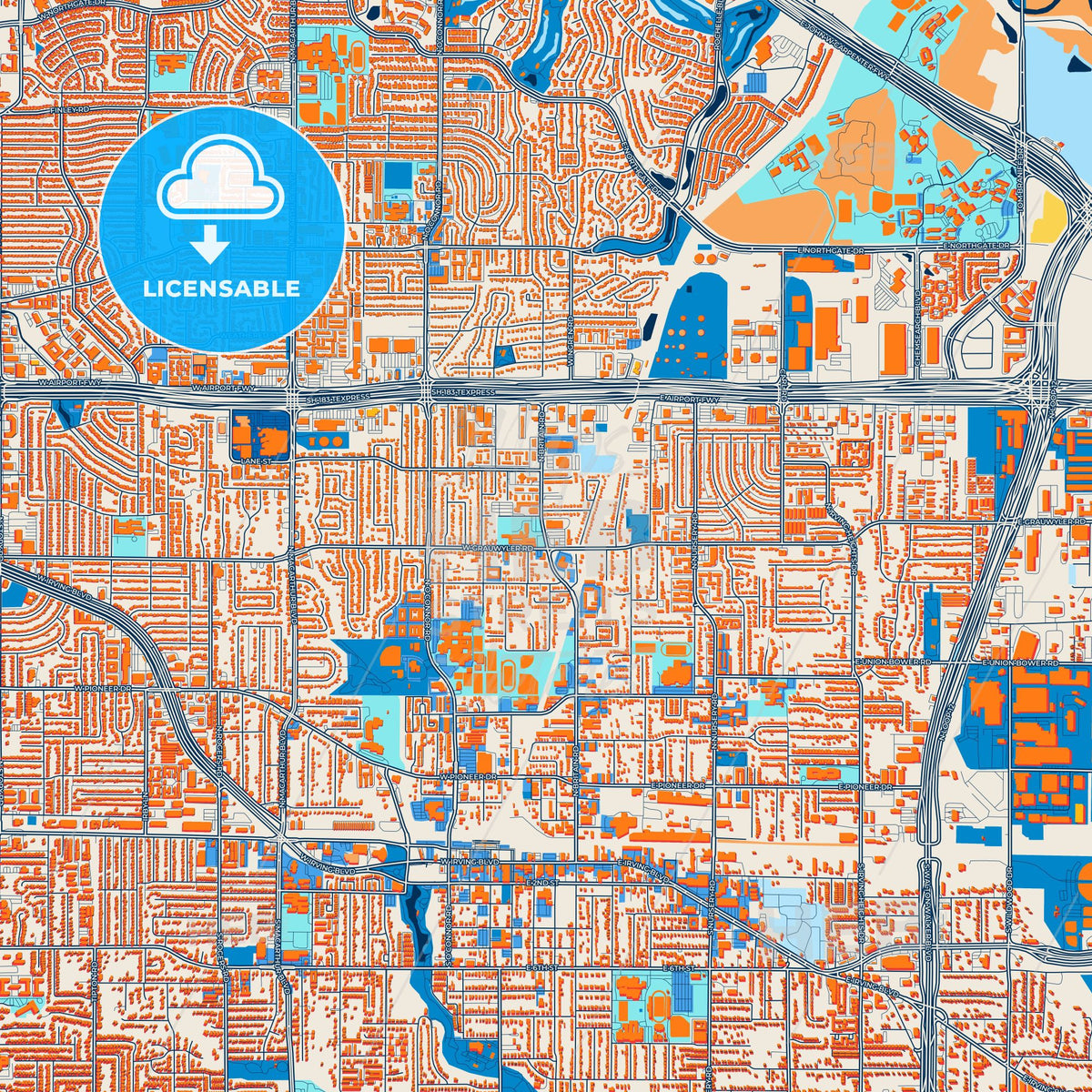 Colorful Irving Street Map with Labels and Buildings