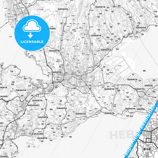 Isahaya, Japan light map with streetnames, citynames and districts