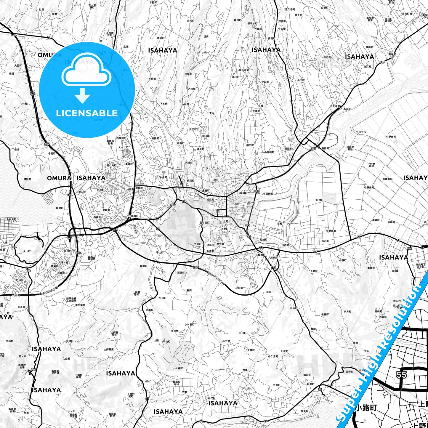 Isahaya, Japan Light Map with Street Names, City Names, and Districts