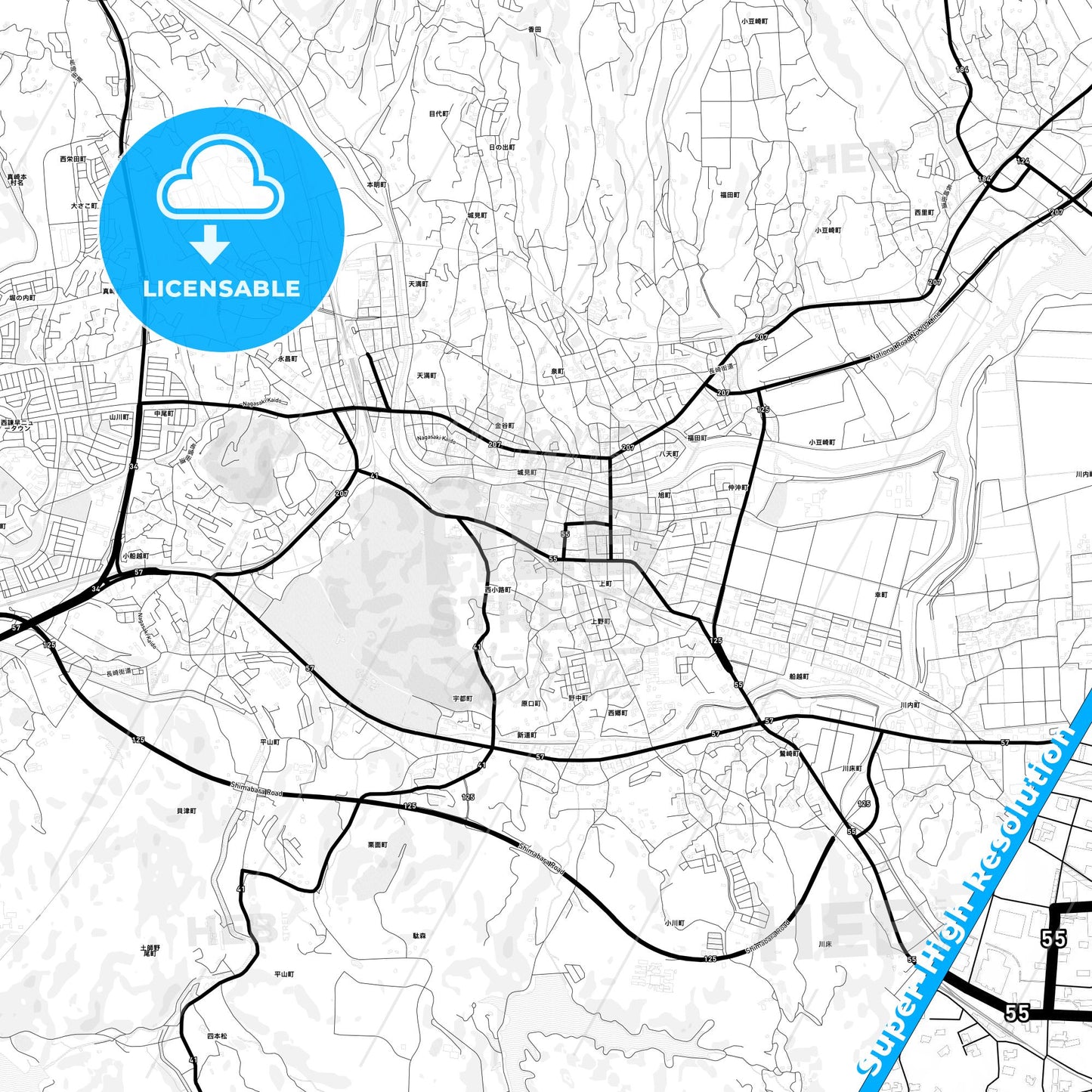 Isahaya, Japan Light Map with Street Names, City Names, and Districts