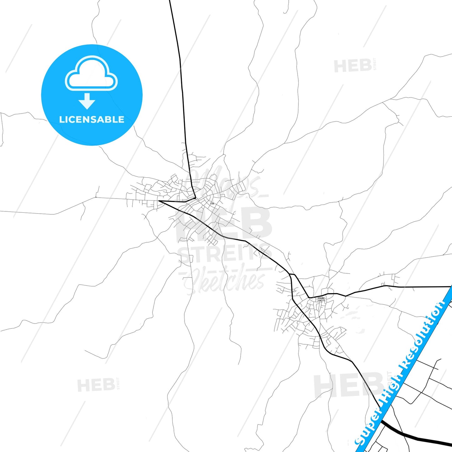Ise-Ekiti, Nigeria Light Map with Street Names, City Names, and Districts