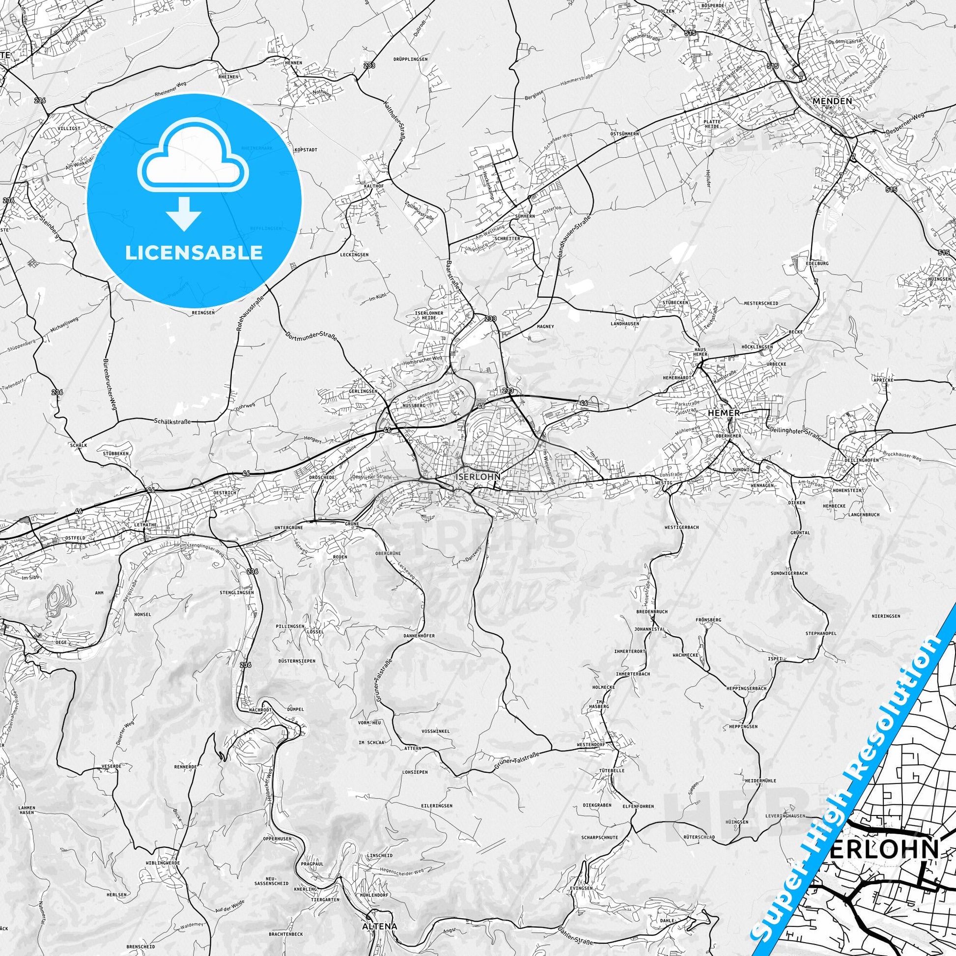 Iserlohn, Germany light map with streetnames, citynames and districts