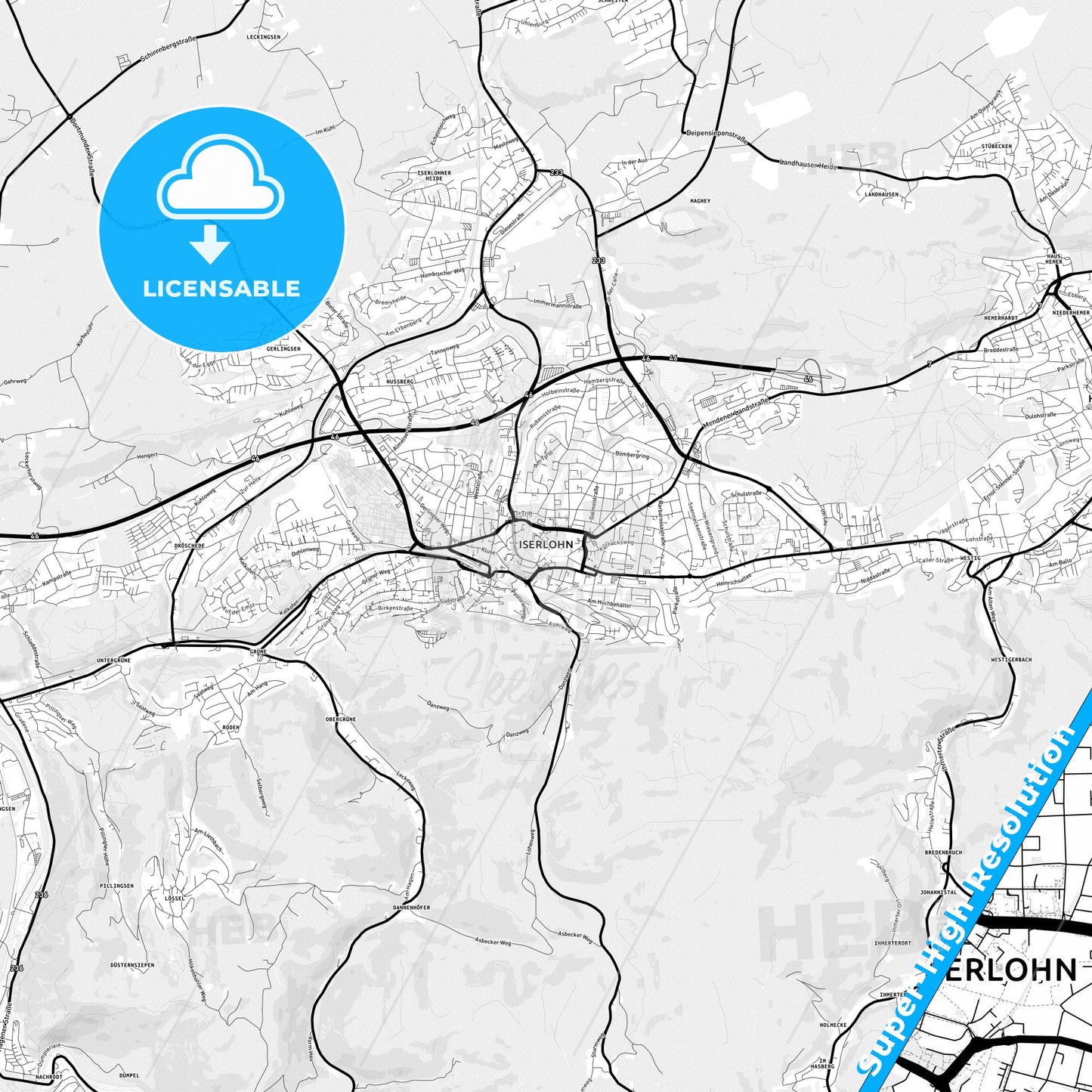 Iserlohn, Germany Light Map with Street Names, City Names, and Districts