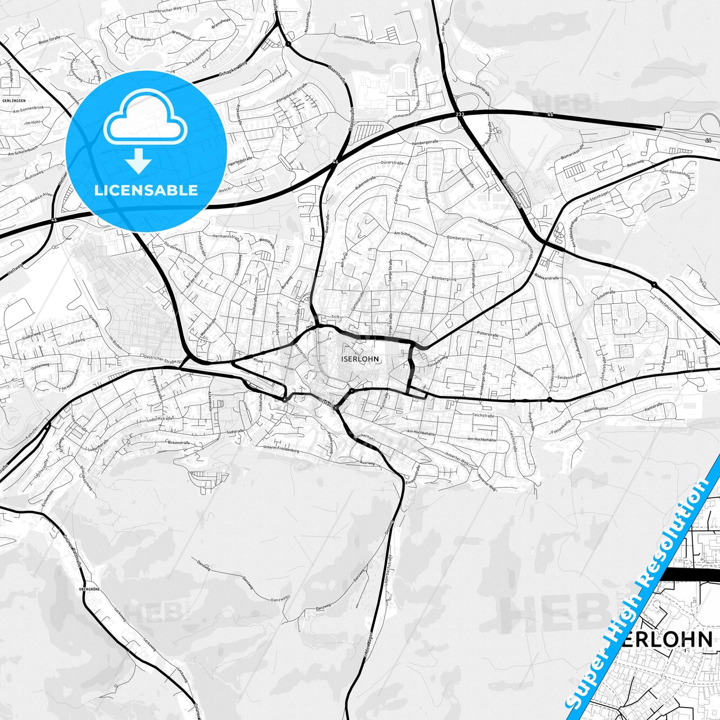Iserlohn, Germany Light Map with Street Names, City Names, and Districts
