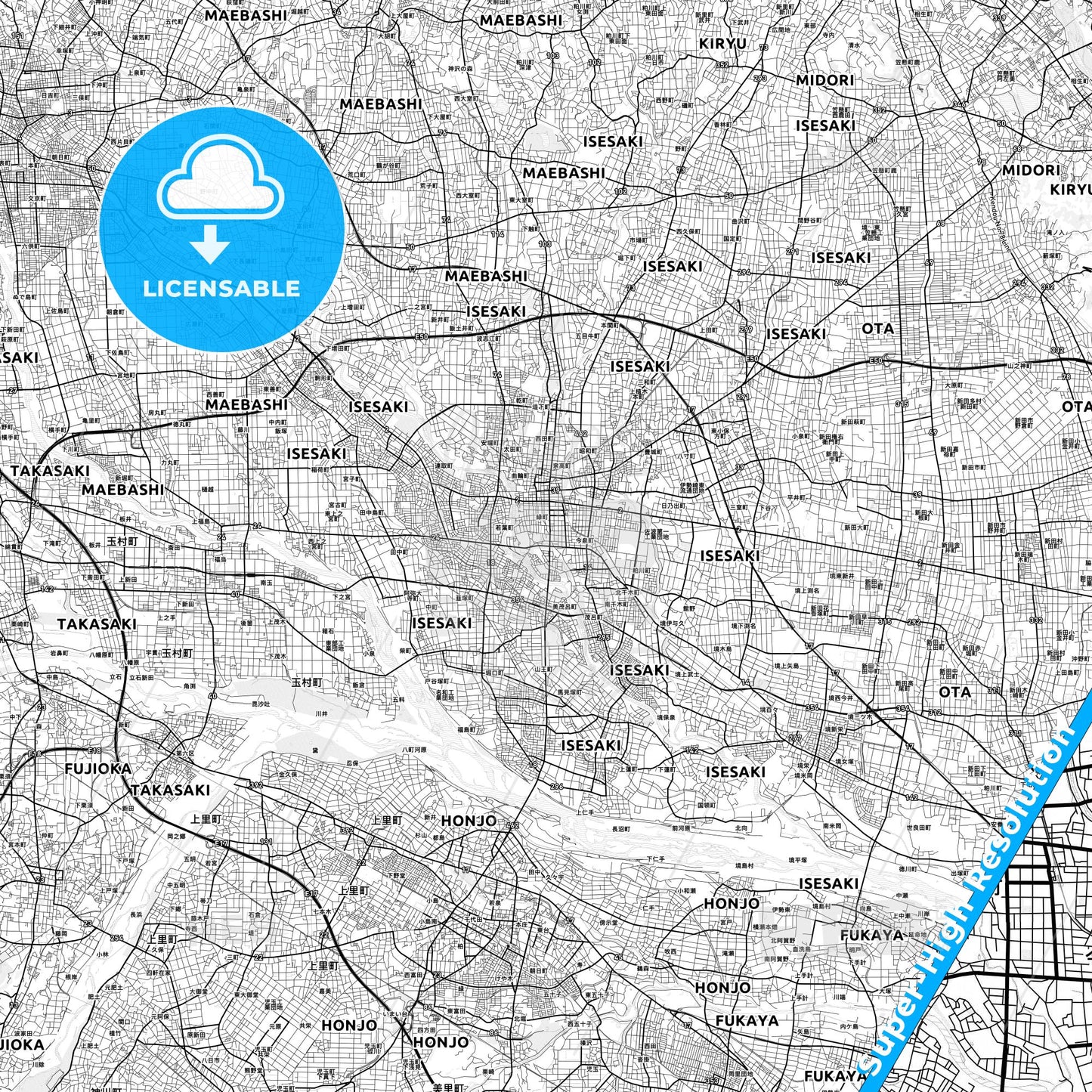 Isesaki, Japan light map with streetnames, citynames and districts